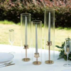 Set of 3 Ribbed Glass Candelabra Shades Hurricane Design 15", 17", 19" Clear - Chic Open End Pillar Candle Holder Table Centerpiece